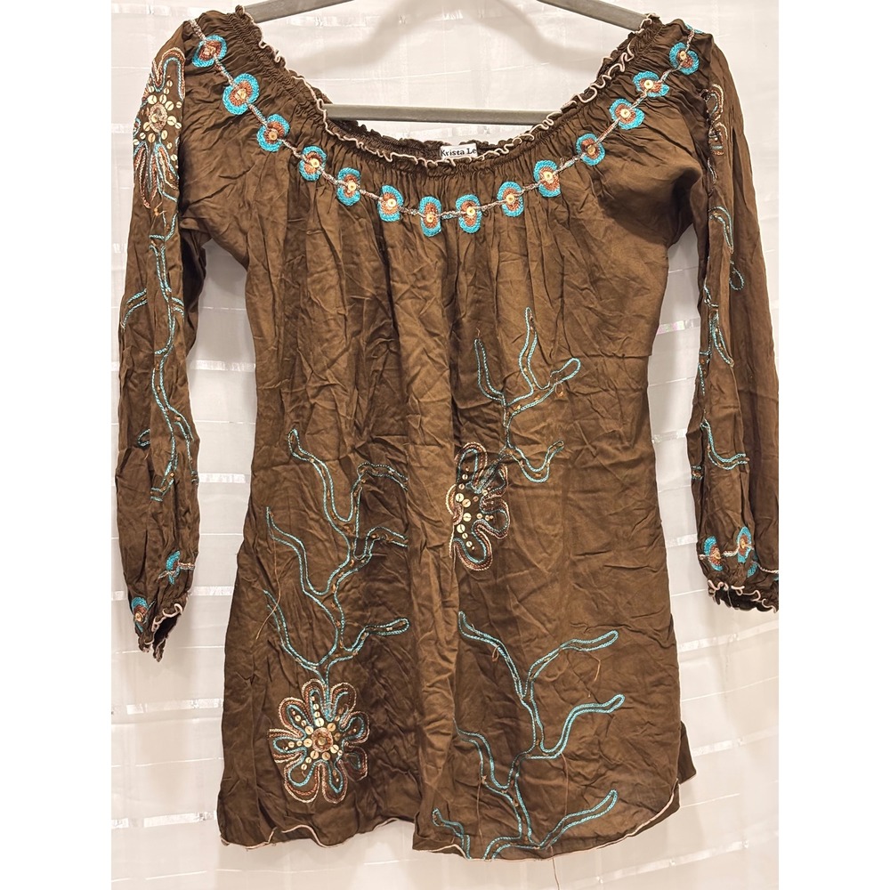 Krista Le Brown Embroidered Tunic Top Turquoise Floral Sequin Off Shoulder Small